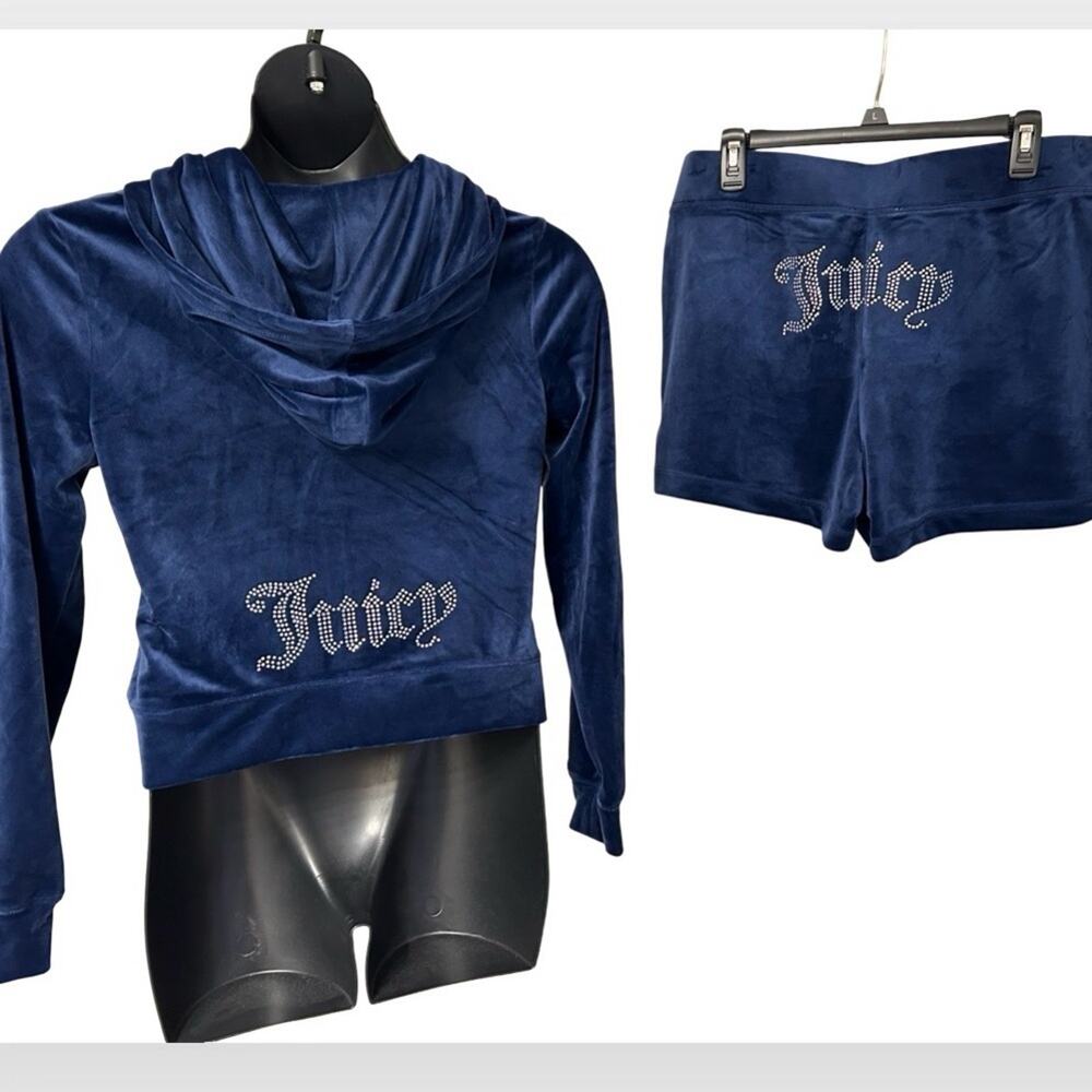 JUICY COUTURE LRG ATLANTIS NAVY RHINESTONE VELOUR SHORTS & HOODIE SWEATSUIT NWT